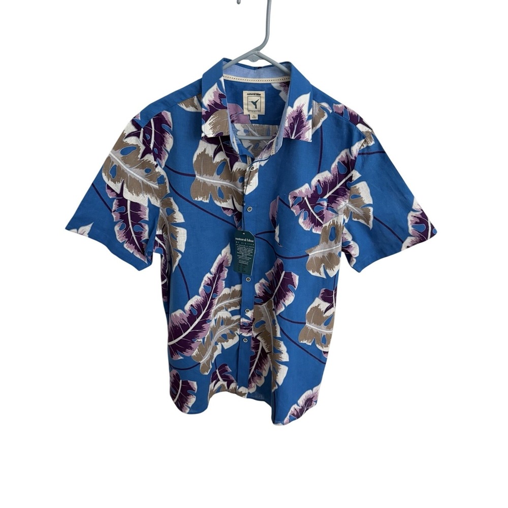 Natural Blue By Visitor Button-Down Shirt Tropical Floral Print On Blue